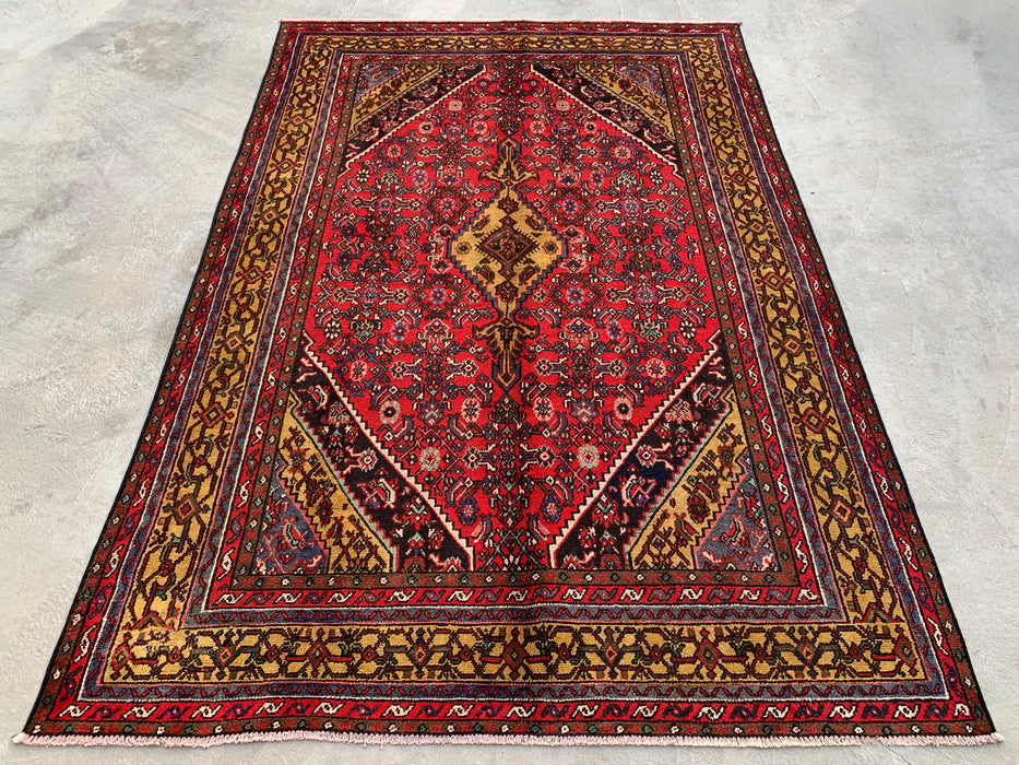 9'10 x 6'9 Hand-Knotted Persian Wool Rug in Red, Navy & Gold Traditional Geometric Medallion Design | KBHM-1030