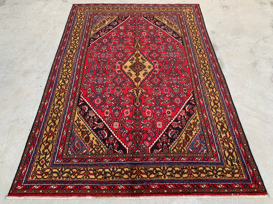 9'10 x 6'9 Hand-Knotted Persian Wool Rug in Red, Navy & Gold Traditional Geometric Medallion Design | KBHM-1030