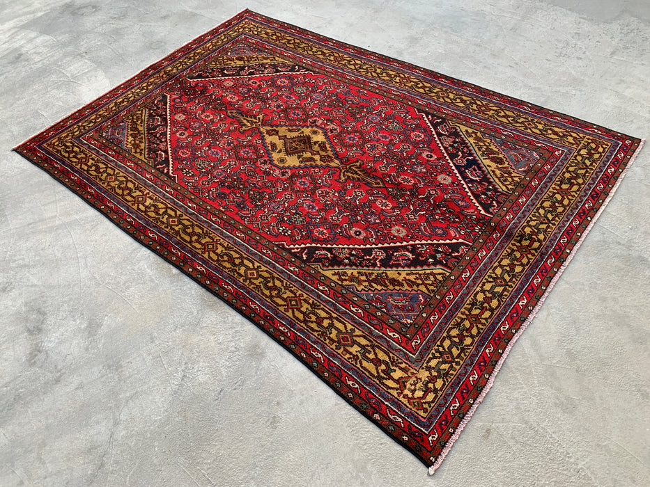 9'10 x 6'9 Hand-Knotted Persian Wool Rug in Red, Navy & Gold Traditional Geometric Medallion Design | KBHM-1030
