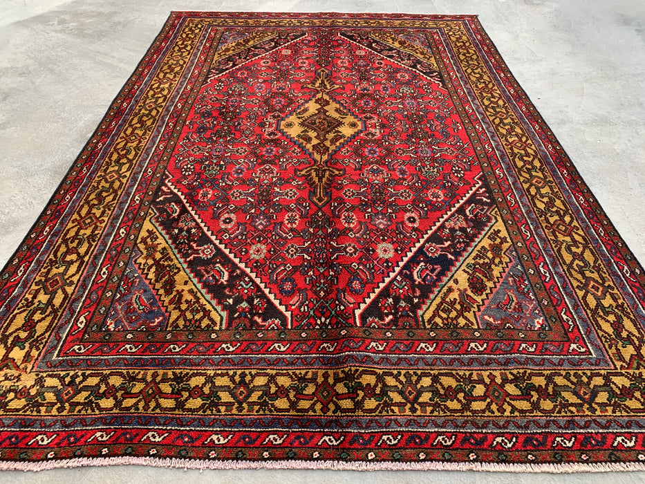 9'10 x 6'9 Hand-Knotted Persian Wool Rug in Red, Navy & Gold Traditional Geometric Medallion Design | KBHM-1030