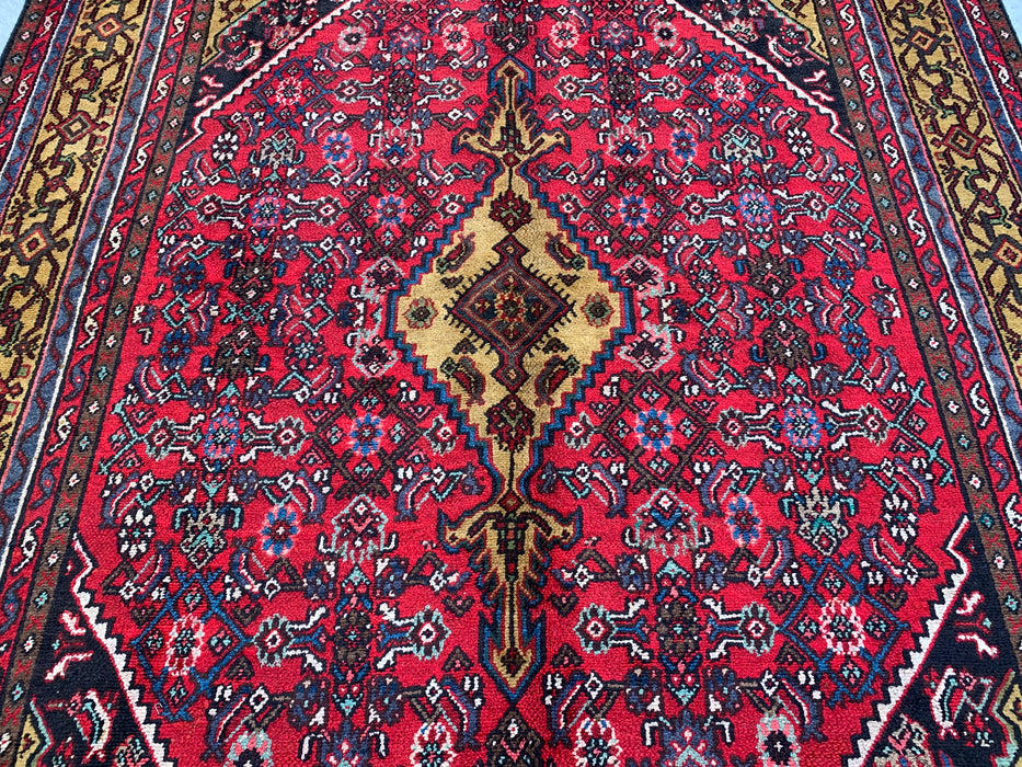 9'10 x 6'9 Hand-Knotted Persian Wool Rug in Red, Navy & Gold Traditional Geometric Medallion Design | KBHM-1030