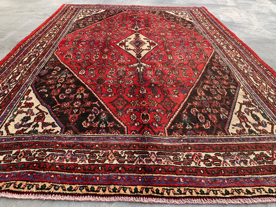 9'9 x 6'10 Hand-Knotted Persian Wool Rug in Red, Ivory & Brown Traditional Geometric Medallion Design | KBHM-1031