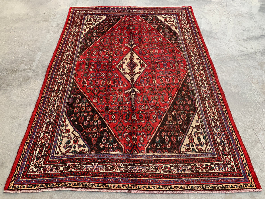 9'9 x 6'10 Hand-Knotted Persian Wool Rug in Red, Ivory & Brown Traditional Geometric Medallion Design | KBHM-1031