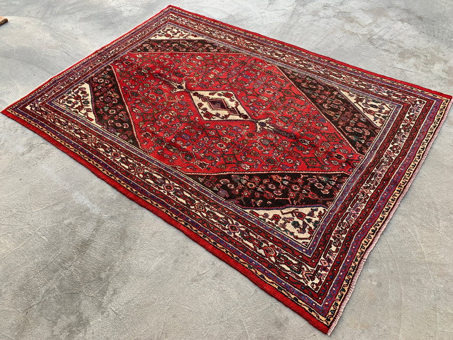 9'9 x 6'10 Hand-Knotted Persian Wool Rug in Red, Ivory & Brown Traditional Geometric Medallion Design | KBHM-1031