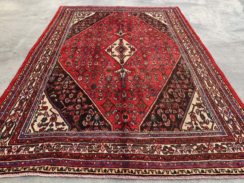 9'9 x 6'10 Hand-Knotted Persian Wool Rug in Red, Ivory & Brown Traditional Geometric Medallion Design | KBHM-1031