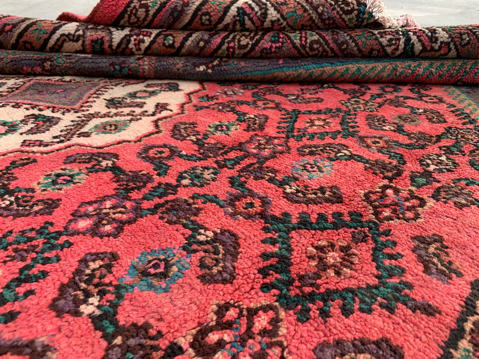 9'9 x 7'0 Hand-Knotted Persian Wool Rug in Red, Ivory & Charcoal Traditional Geometric Medallion Design | KBHM-1033