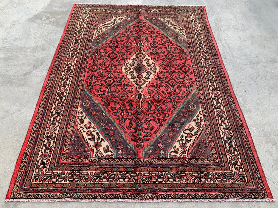 9'9 x 7'0 Hand-Knotted Persian Wool Rug in Red, Ivory & Charcoal Traditional Geometric Medallion Design | KBHM-1033