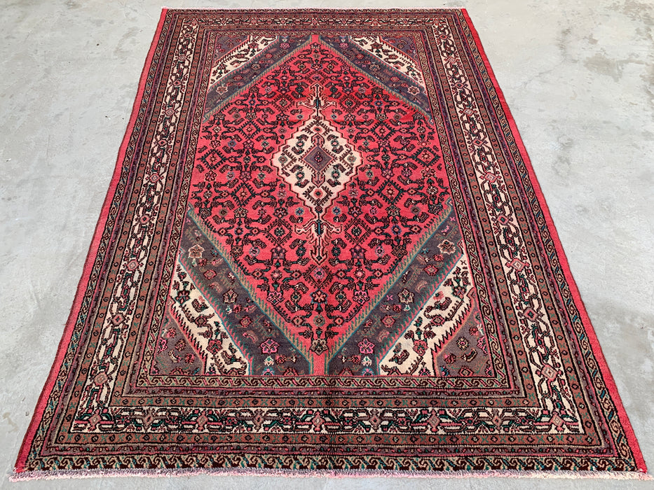 9'9 x 7'0 Hand-Knotted Persian Wool Rug in Red, Ivory & Charcoal Traditional Geometric Medallion Design | KBHM-1033