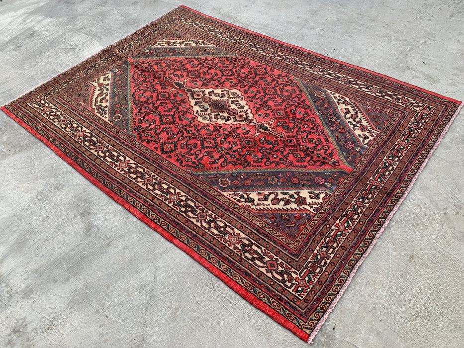 9'9 x 7'0 Hand-Knotted Persian Wool Rug in Red, Ivory & Charcoal Traditional Geometric Medallion Design | KBHM-1033