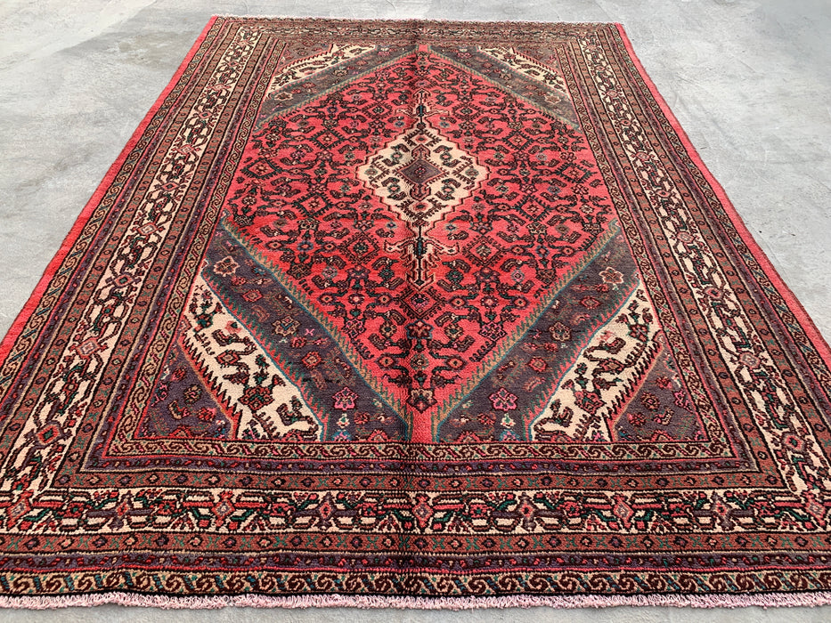 9'9 x 7'0 Hand-Knotted Persian Wool Rug in Red, Ivory & Charcoal Traditional Geometric Medallion Design | KBHM-1033