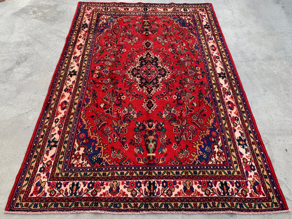 Handmade Persian Wool Area Rug 7x10 - Red, Navy & Ivory Traditional Medallion Persian Style Rug - Exact Size 9'9" x 6'8" - KBHM-1035