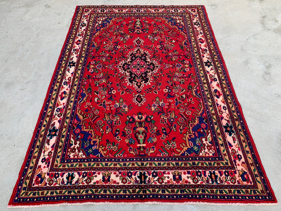 Handmade Persian Wool Area Rug 7x10 - Red, Navy & Ivory Traditional Medallion Persian Style Rug - Exact Size 9'9" x 6'8" - KBHM-1035