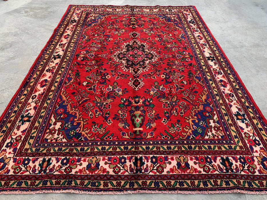 Handmade Persian Wool Area Rug 7x10 - Red, Navy & Ivory Traditional Medallion Persian Style Rug - Exact Size 9'9" x 6'8" - KBHM-1035