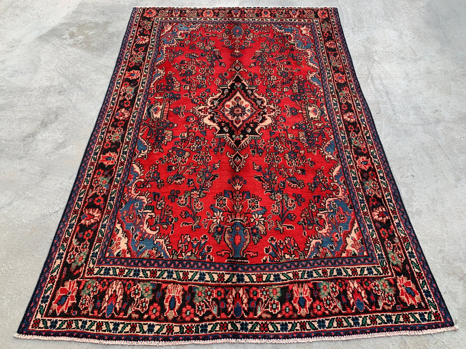 Handmade Persian Wool Area Rug 7x10 - Red, Navy & Ivory Traditional Medallion Persian Style Rug - Exact Size 9'7" x 6'4" - KBHM-1036