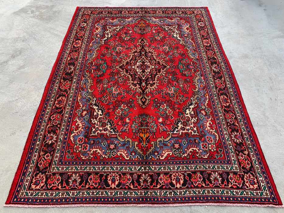 Handmade Persian Wool Area Rug 7x10 - Red, Blue & Ivory Traditional Medallion Persian Style Rug - Exact Size 9'9" x 7'1" - KBHM-1037