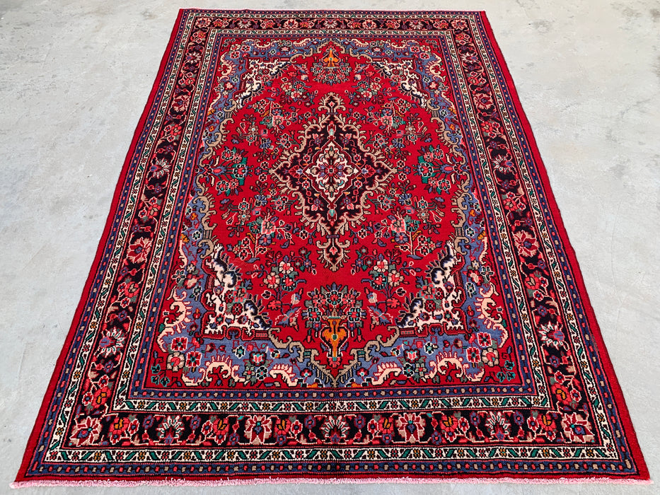 Handmade Persian Wool Area Rug 7x10 - Red, Blue & Ivory Traditional Medallion Persian Style Rug - Exact Size 9'9" x 7'1" - KBHM-1037