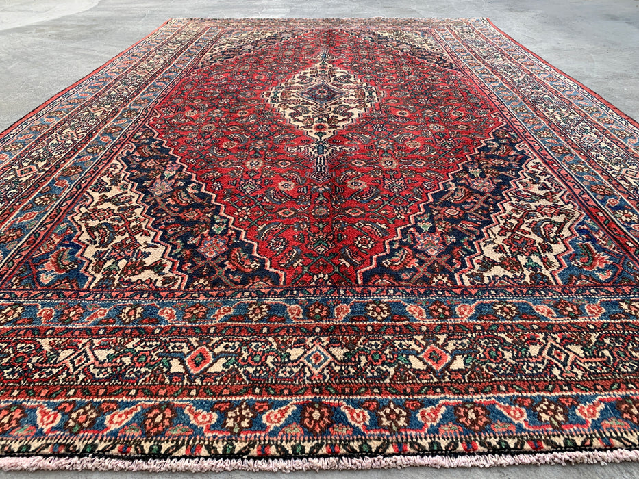 Handmade Persian Wool Area Rug 7x10 - Red, Blue & Ivory Traditional Geometric Medallion Persian Style Rug - Exact Size 10'5" x 7'0" - KBHM-1038