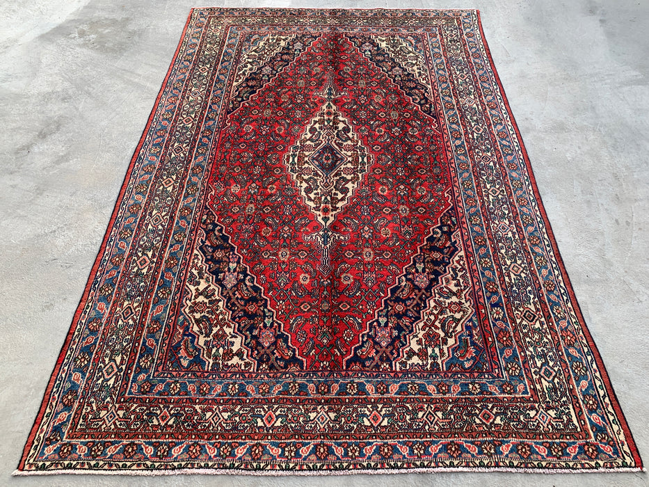 Handmade Persian Wool Area Rug 7x10 - Red, Blue & Ivory Traditional Geometric Medallion Persian Style Rug - Exact Size 10'5" x 7'0" - KBHM-1038