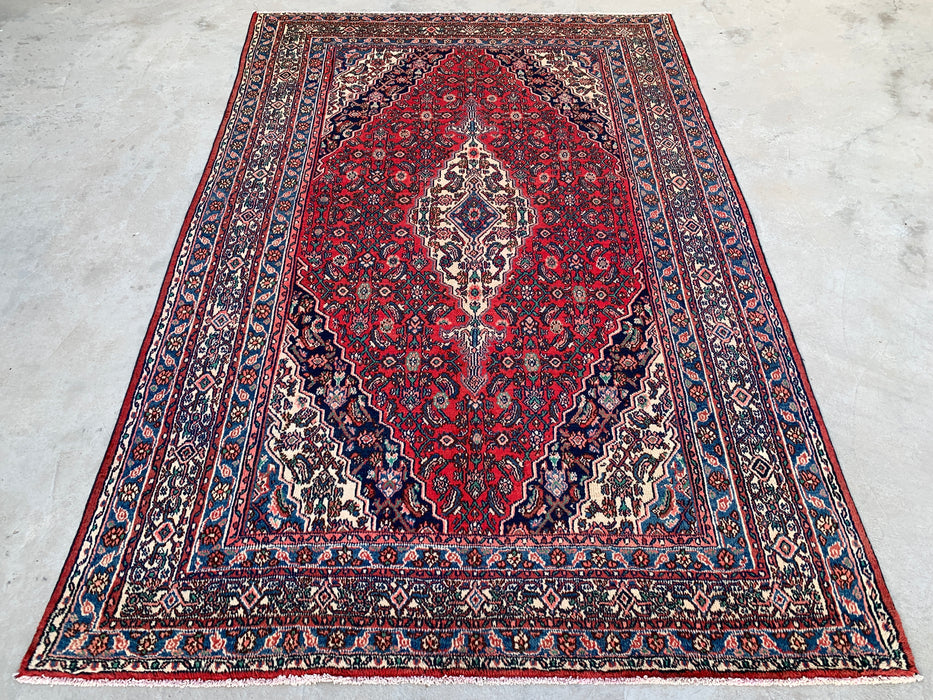 Handmade Persian Wool Area Rug 7x10 - Red, Blue & Ivory Traditional Geometric Medallion Persian Style Rug - Exact Size 10'5" x 7'0" - KBHM-1038