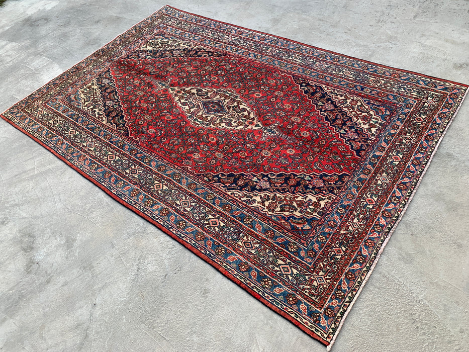 Handmade Persian Wool Area Rug 7x10 - Red, Blue & Ivory Traditional Geometric Medallion Persian Style Rug - Exact Size 10'5" x 7'0" - KBHM-1038