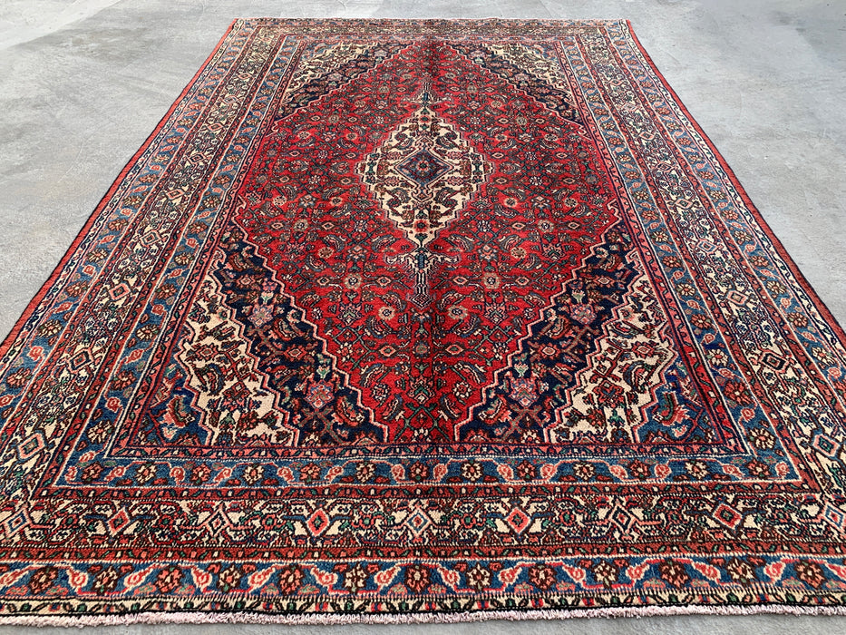 Handmade Persian Wool Area Rug 7x10 - Red, Blue & Ivory Traditional Geometric Medallion Persian Style Rug - Exact Size 10'5" x 7'0" - KBHM-1038