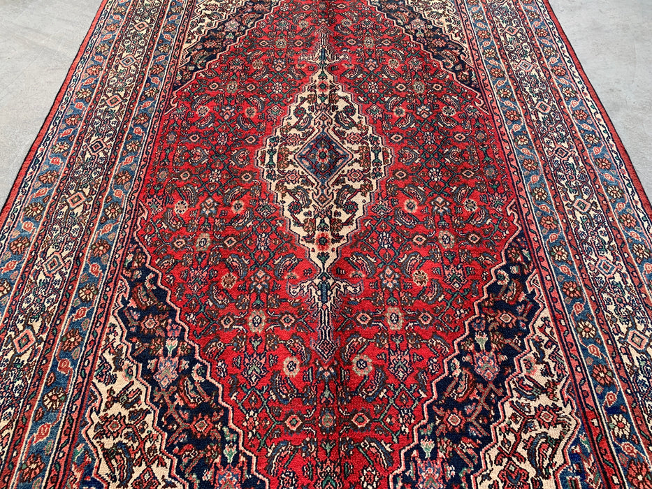 Handmade Persian Wool Area Rug 7x10 - Red, Blue & Ivory Traditional Geometric Medallion Persian Style Rug - Exact Size 10'5" x 7'0" - KBHM-1038