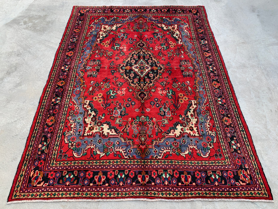 Handmade Persian Wool Area Rug 7x10 - Red, Blue & Ivory Traditional Medallion Persian Style Rug - Exact Size 10'0" x 7'3" - KBHM-1039