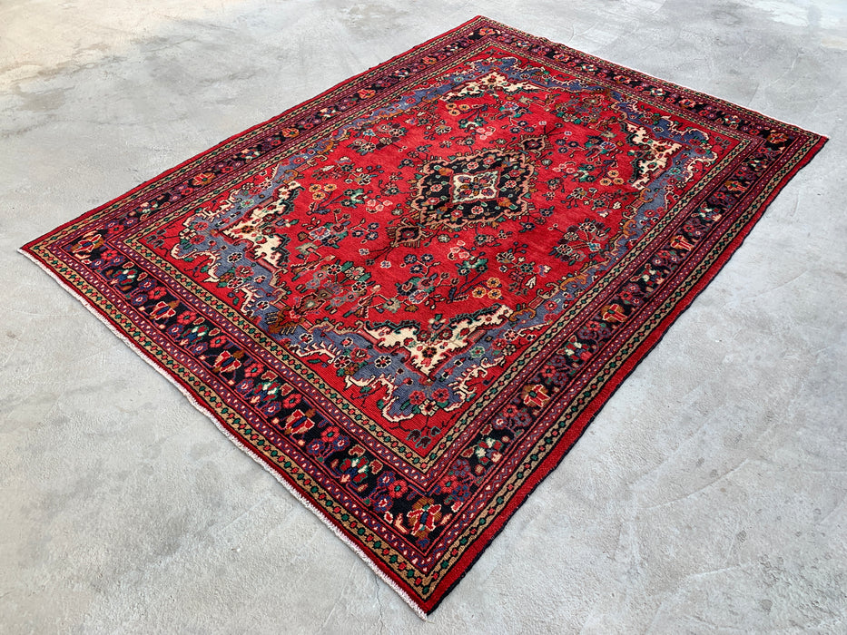 Handmade Persian Wool Area Rug 7x10 - Red, Blue & Ivory Traditional Medallion Persian Style Rug - Exact Size 10'0" x 7'3" - KBHM-1039