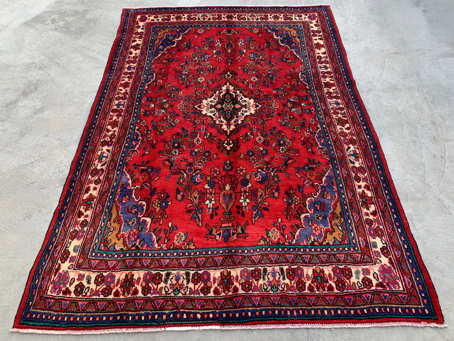 Handmade Persian Wool Area Rug 7x10 - Red, Navy & Ivory Traditional Medallion Persian Style Rug - Exact Size 10'1" x 6'10" - KBHM-1042