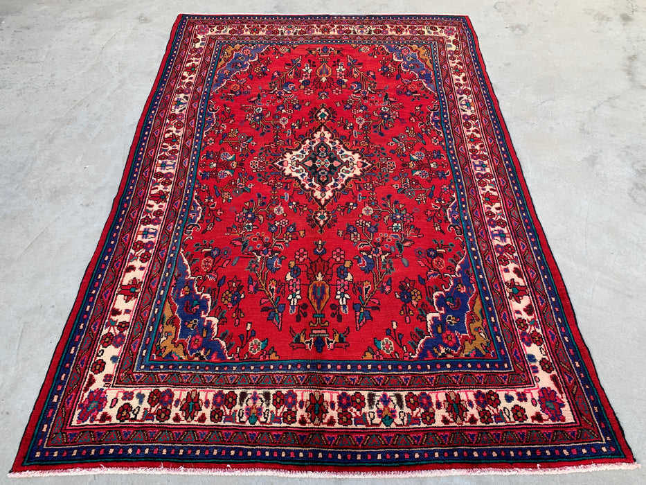 Handmade Persian Wool Area Rug 7x10 - Red, Navy & Ivory Traditional Medallion Persian Style Rug - Exact Size 10'1" x 6'10" - KBHM-1042