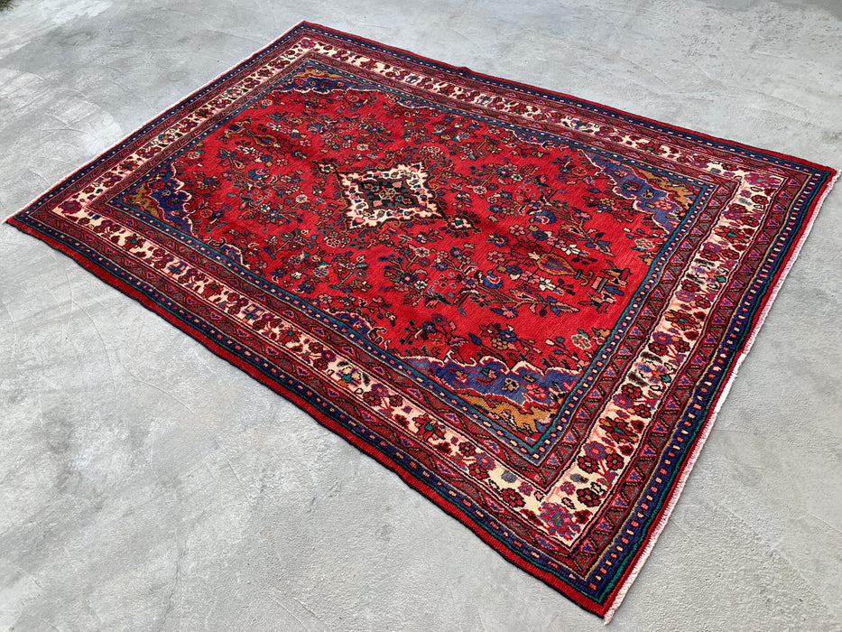 Handmade Persian Wool Area Rug 7x10 - Red, Navy & Ivory Traditional Medallion Persian Style Rug - Exact Size 10'1" x 6'10" - KBHM-1042