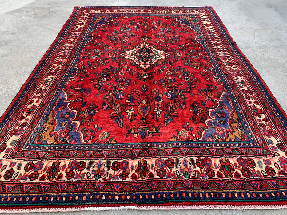 Handmade Persian Wool Area Rug 7x10 - Red, Navy & Ivory Traditional Medallion Persian Style Rug - Exact Size 10'1" x 6'10" - KBHM-1042