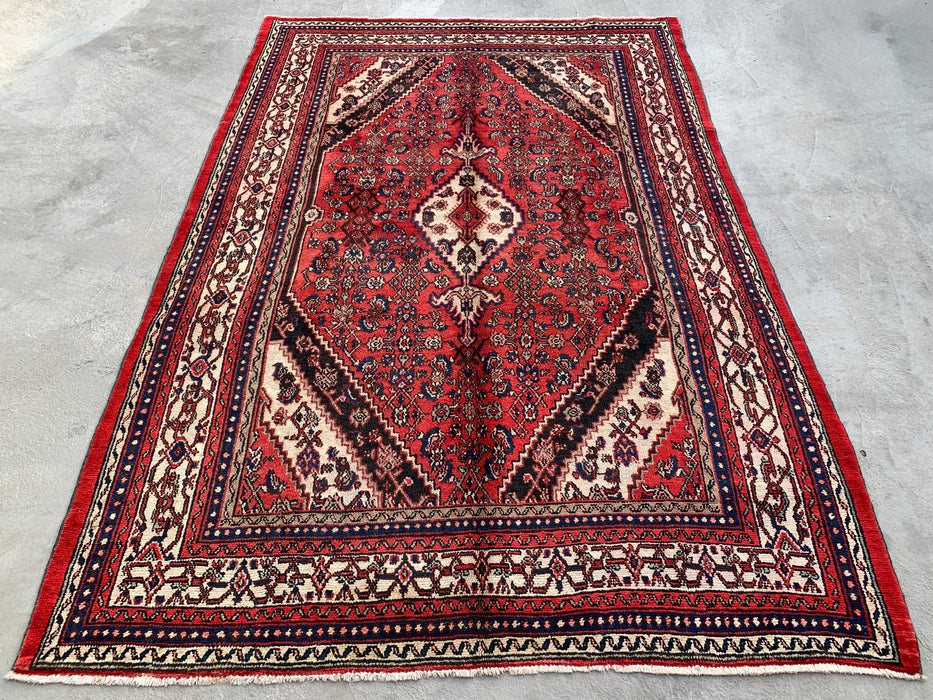 10'4 x 6'11 Hand-Knotted Persian Wool Rug in Red, Ivory & Navy Traditional Geometric Medallion Design | KBHM-1043