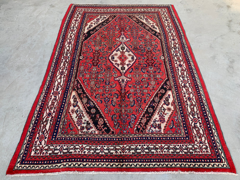 10'4 x 6'11 Hand-Knotted Persian Wool Rug in Red, Ivory & Navy Traditional Geometric Medallion Design | KBHM-1043