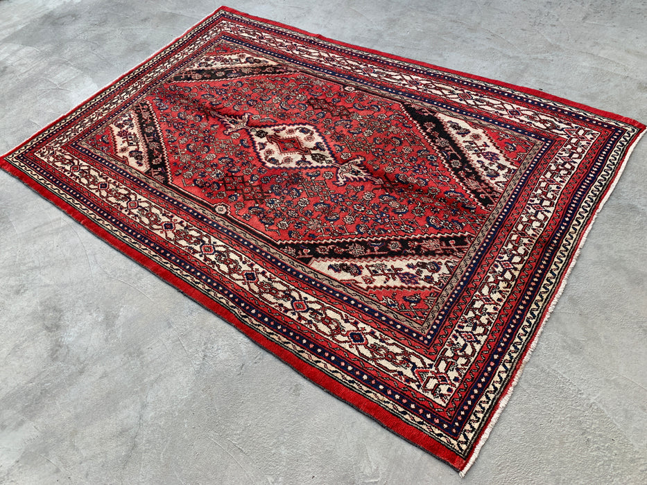 10'4 x 6'11 Hand-Knotted Persian Wool Rug in Red, Ivory & Navy Traditional Geometric Medallion Design | KBHM-1043