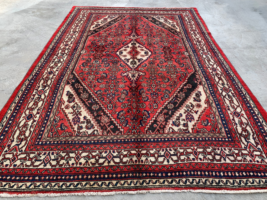 10'4 x 6'11 Hand-Knotted Persian Wool Rug in Red, Ivory & Navy Traditional Geometric Medallion Design | KBHM-1043