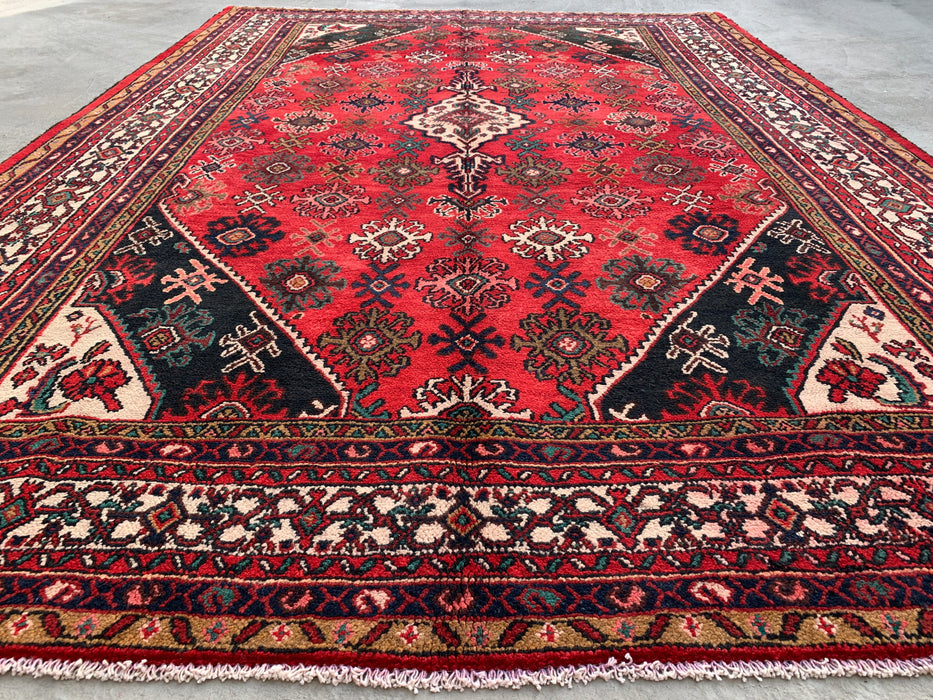 10'3 x 7'4 Hand-Knotted Persian Wool Rug in Red, Ivory & Navy Traditional Geometric Medallion Design | KBHM-1044