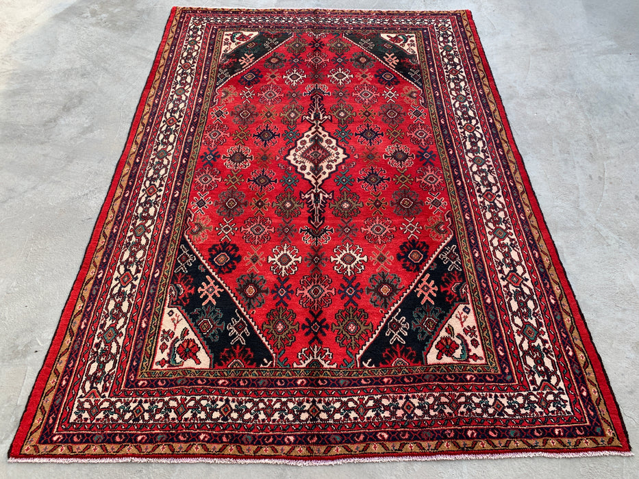 10'3 x 7'4 Hand-Knotted Persian Wool Rug in Red, Ivory & Navy Traditional Geometric Medallion Design | KBHM-1044