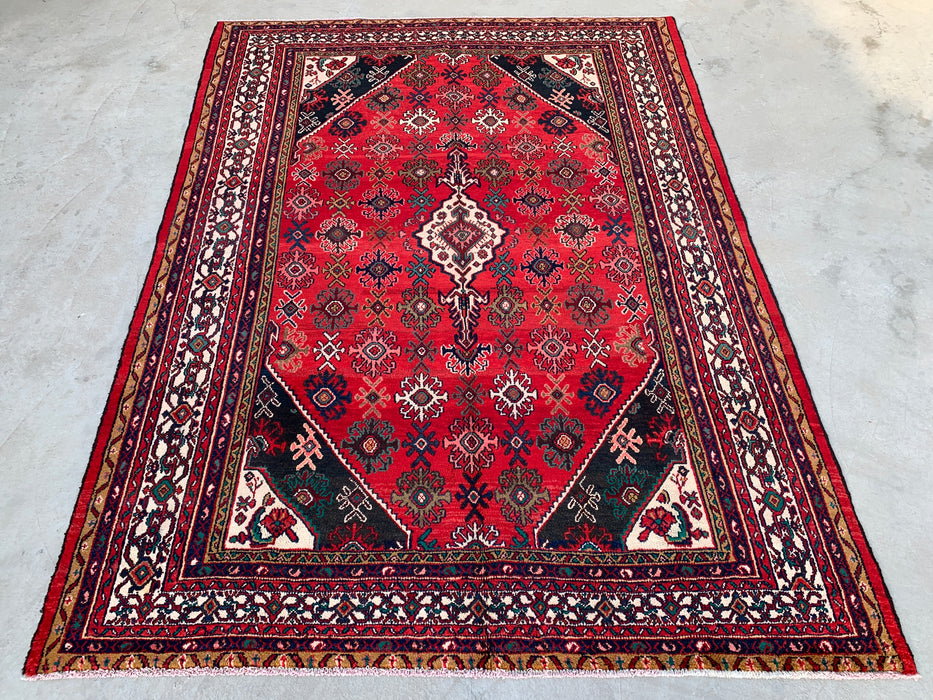 10'3 x 7'4 Hand-Knotted Persian Wool Rug in Red, Ivory & Navy Traditional Geometric Medallion Design | KBHM-1044