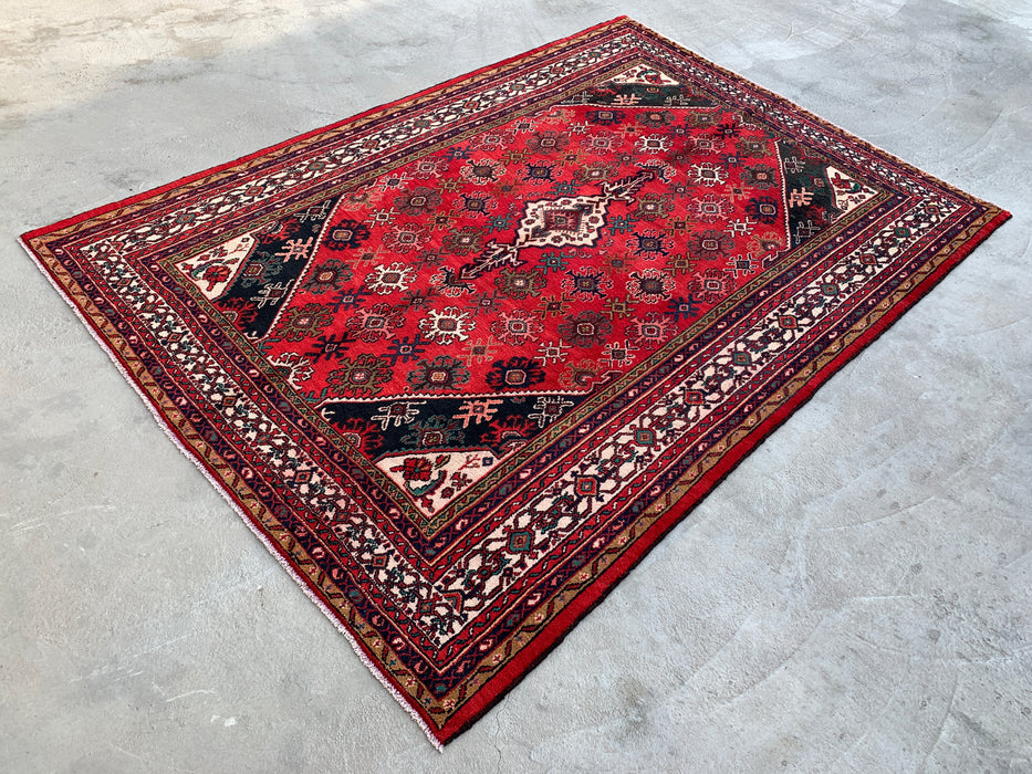 10'3 x 7'4 Hand-Knotted Persian Wool Rug in Red, Ivory & Navy Traditional Geometric Medallion Design | KBHM-1044