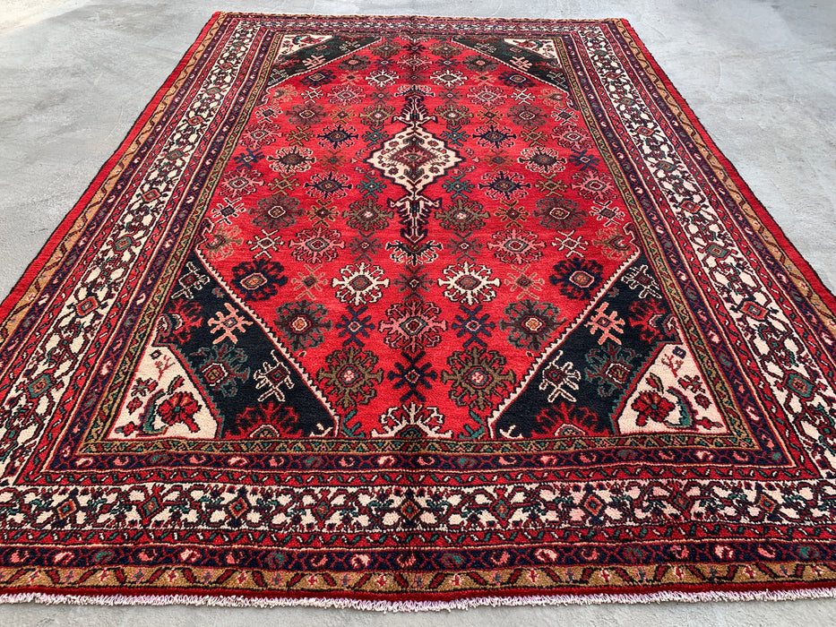 10'3 x 7'4 Hand-Knotted Persian Wool Rug in Red, Ivory & Navy Traditional Geometric Medallion Design | KBHM-1044