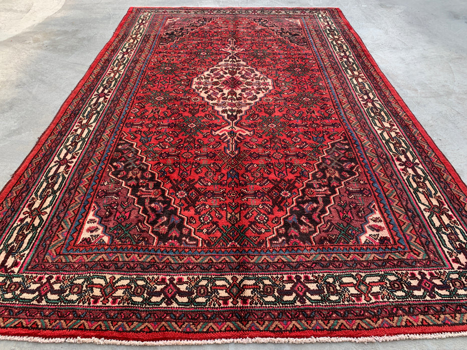 10'6 x 6'8 Hand-Knotted Persian Wool Rug in Red, Ivory & Navy Traditional Geometric Medallion Design | KBHM-1045