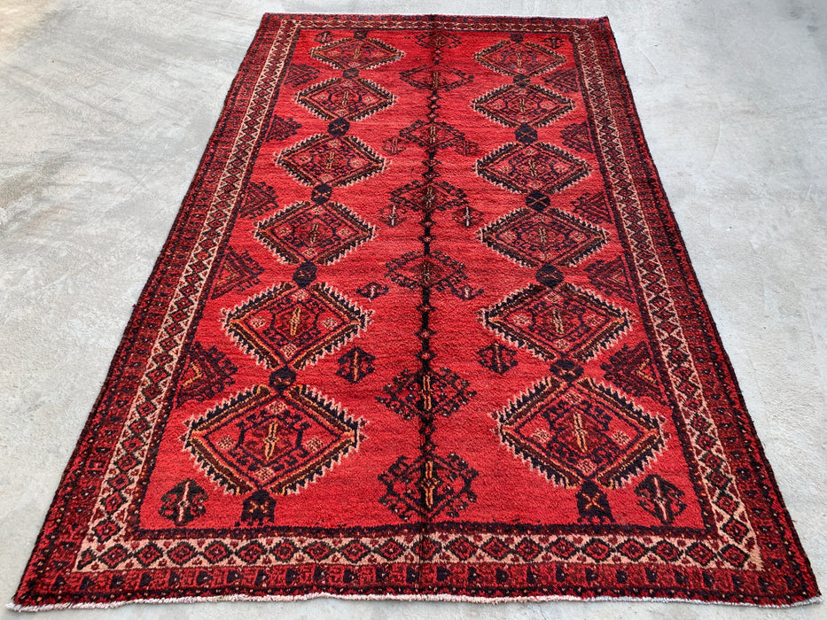 8'1 x 4'11 Hand-Knotted Persian Wool Rug in Red, Black & Ivory Tribal Geometric Diamond Design | KBHM-1046
