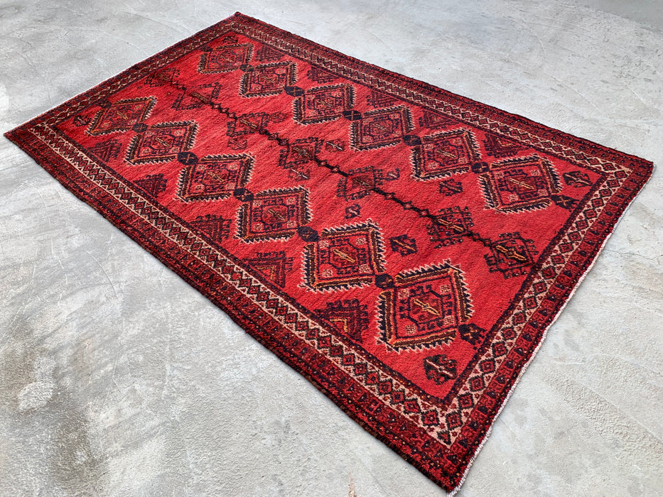 8'1 x 4'11 Hand-Knotted Persian Wool Rug in Red, Black & Ivory Tribal Geometric Diamond Design | KBHM-1046