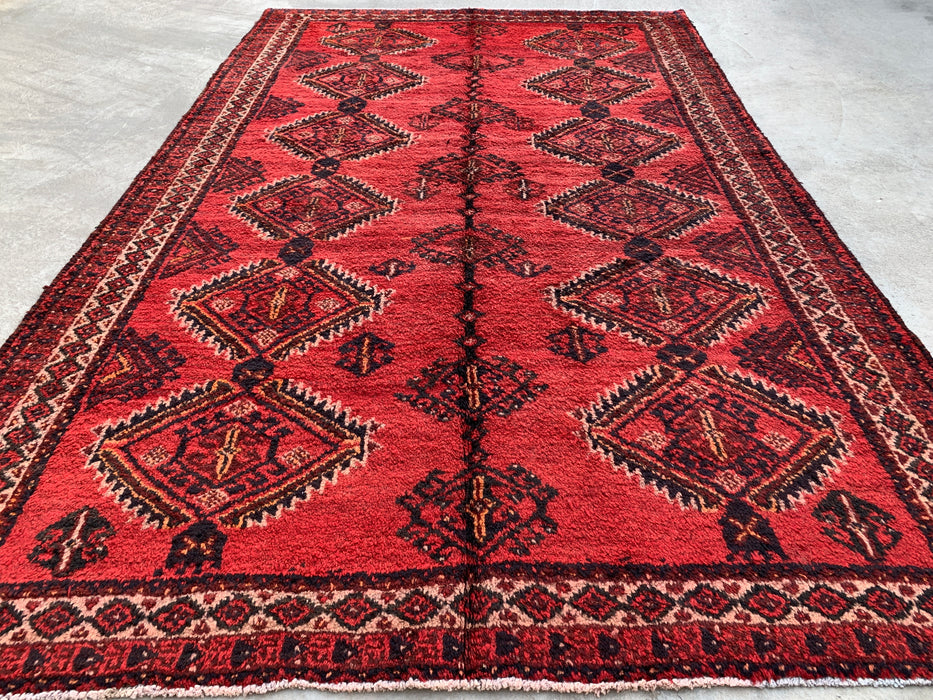 8'1 x 4'11 Hand-Knotted Persian Wool Rug in Red, Black & Ivory Tribal Geometric Diamond Design | KBHM-1046