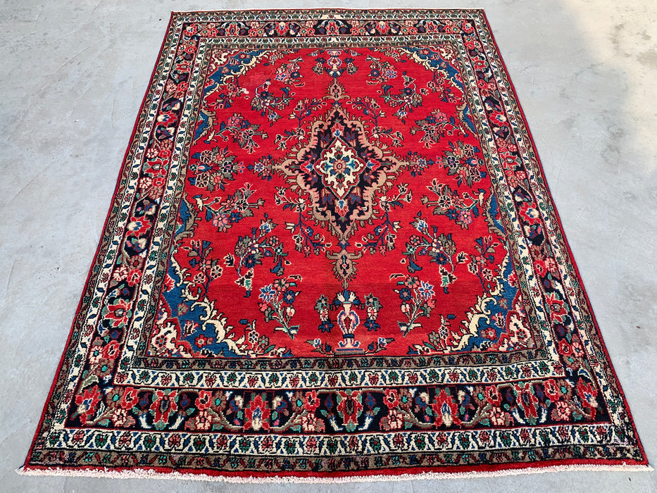 Handmade Persian Wool Area Rug 7x10 - Red, Blue & Ivory Traditional Medallion Persian Style Rug - Exact Size 9'8" x 7'0" - KBHM-1047