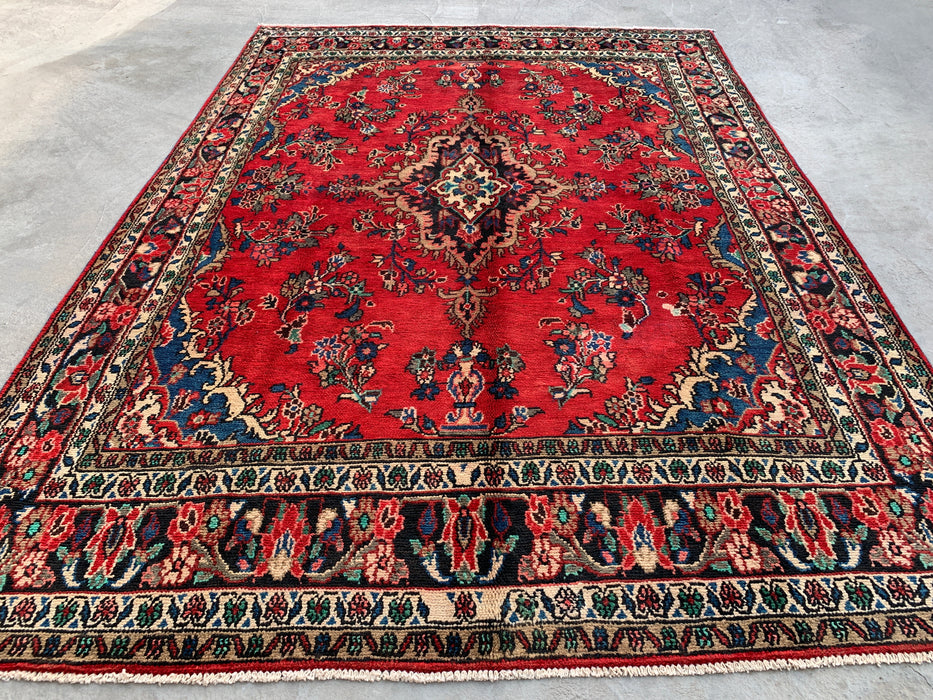 Handmade Persian Wool Area Rug 7x10 - Red, Blue & Ivory Traditional Medallion Persian Style Rug - Exact Size 9'8" x 7'0" - KBHM-1047