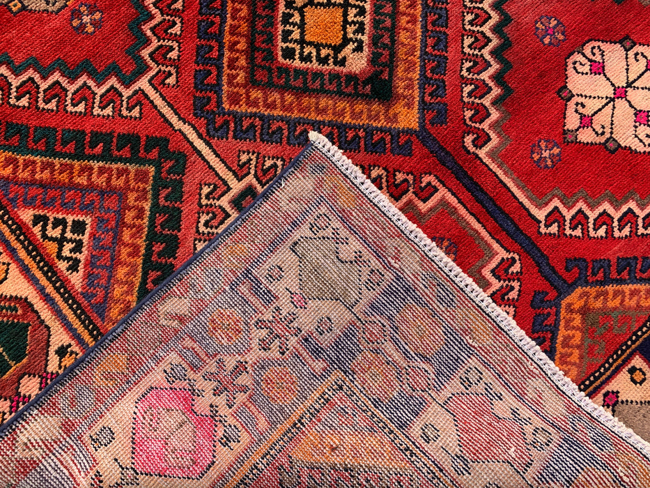 9'11 x 5'6 Hand-Knotted Persian Wool Rug in Red, Navy & Ivory Tribal Geometric Diamond Design | KBHM-1048