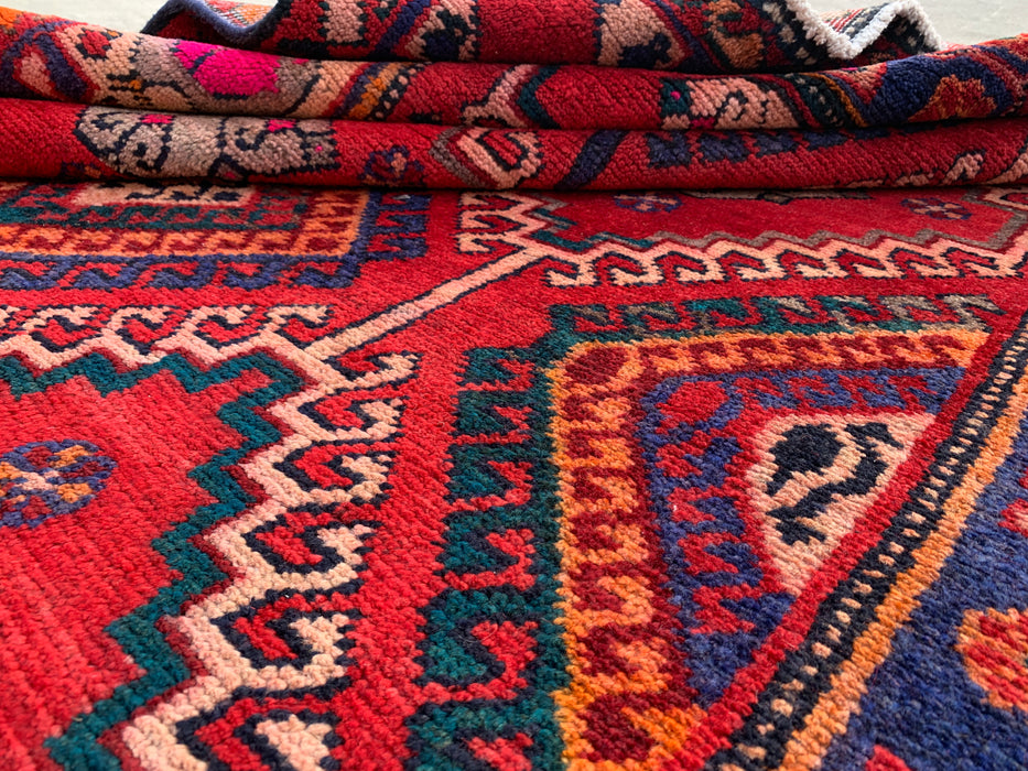 9'11 x 5'6 Hand-Knotted Persian Wool Rug in Red, Navy & Ivory Tribal Geometric Diamond Design | KBHM-1048