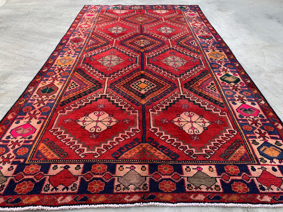 9'11 x 5'6 Hand-Knotted Persian Wool Rug in Red, Navy & Ivory Tribal Geometric Diamond Design | KBHM-1048